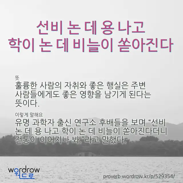 “선비 논 데 용 나고 학이 논 데 비늘이 쏟아진다” 글씨와 뜻·예문이 완성된 속담 영상 포스터