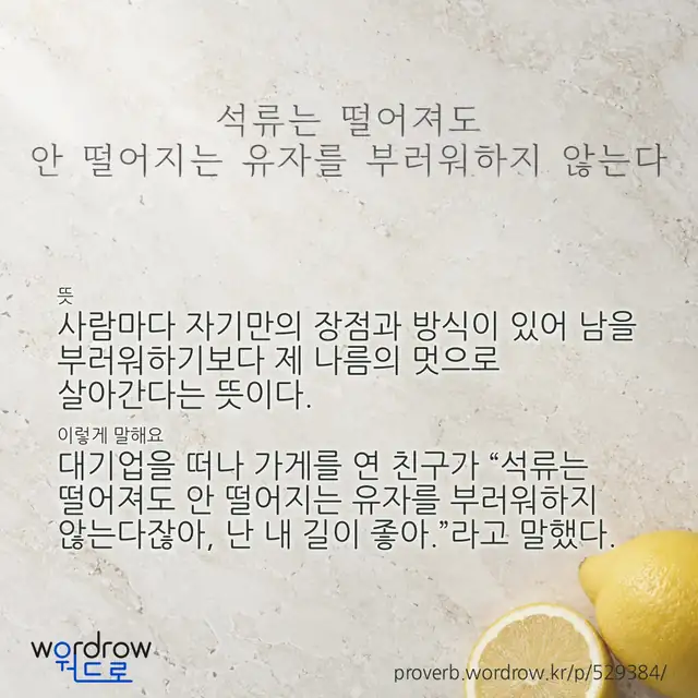 “석류는 떨어져도 안 떨어지는 유자를 부러워하지 않는다” 글씨와 뜻·예문이 완성된 속담 영상 포스터