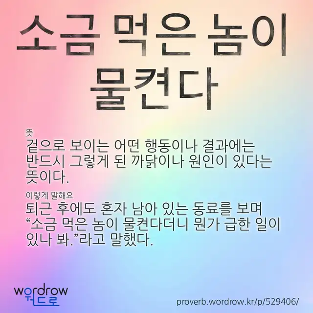 “소금 먹은 놈이 물켠다” 글씨와 뜻·예문이 완성된 속담 영상 포스터
