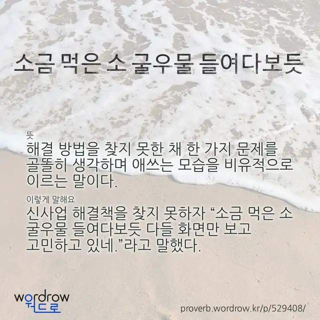 “소금 먹은 소 굴우물 들여다보듯” 글씨와 뜻·예문이 완성된 속담 영상 포스터
