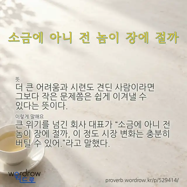 “소금에 아니 전 놈이 장에 절까” 글씨와 뜻·예문이 완성된 속담 영상 포스터