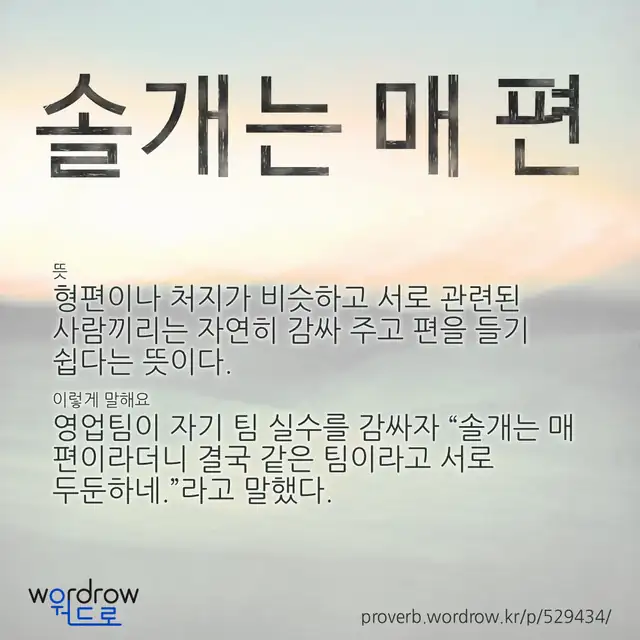 “솔개는 매 편” 글씨와 뜻·예문이 완성된 속담 영상 포스터
