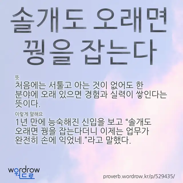 “솔개도 오래면 꿩을 잡는다” 글씨와 뜻·예문이 완성된 속담 영상 포스터