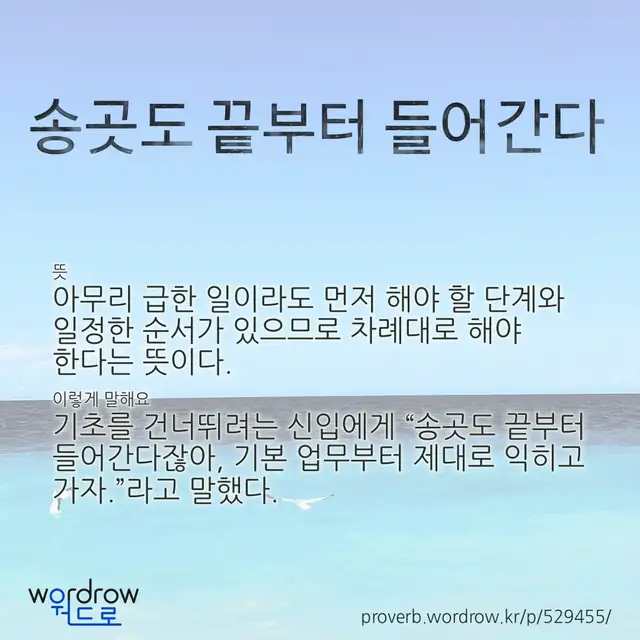 “송곳도 끝부터 들어간다” 글씨와 뜻·예문이 완성된 속담 영상 포스터