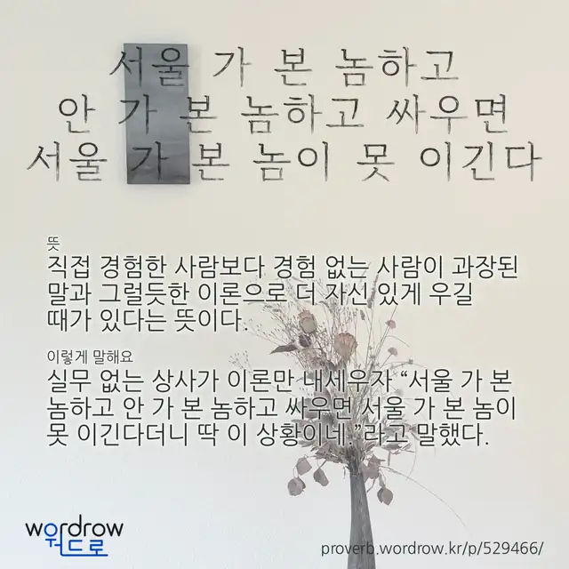 “서울 가 본 놈하고 안 가 본 놈하고 싸우면 서울 가 본 놈이 못 이긴다” 글씨와 뜻·예문이 완성된 속담 영상 포스터