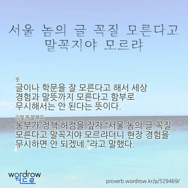 “서울 놈의 글 꼭질 모른다고 말꼭지야 모르랴” 글씨와 뜻·예문이 완성된 속담 영상 포스터