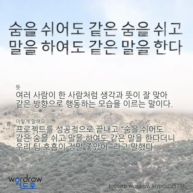 “숨을 쉬어도 같은 숨을 쉬고 말을 하여도 같은 말을 한다” 글씨와 뜻·예문이 완성된 속담 영상 포스터