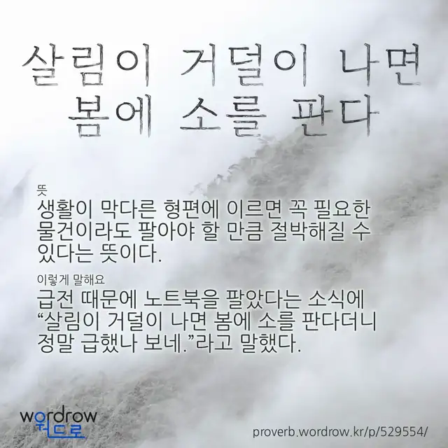 “살림이 거덜이 나면 봄에 소를 판다” 글씨와 뜻·예문이 완성된 속담 영상 포스터