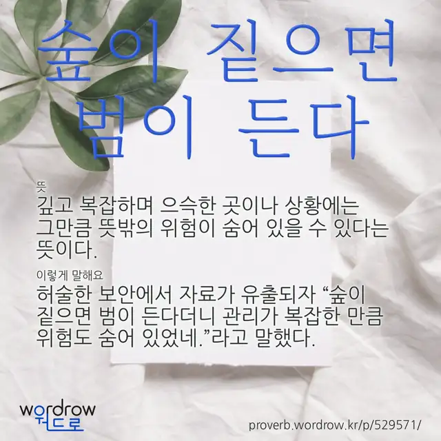 “숲이 짙으면 범이 든다” 글씨와 뜻·예문이 완성된 속담 영상 포스터