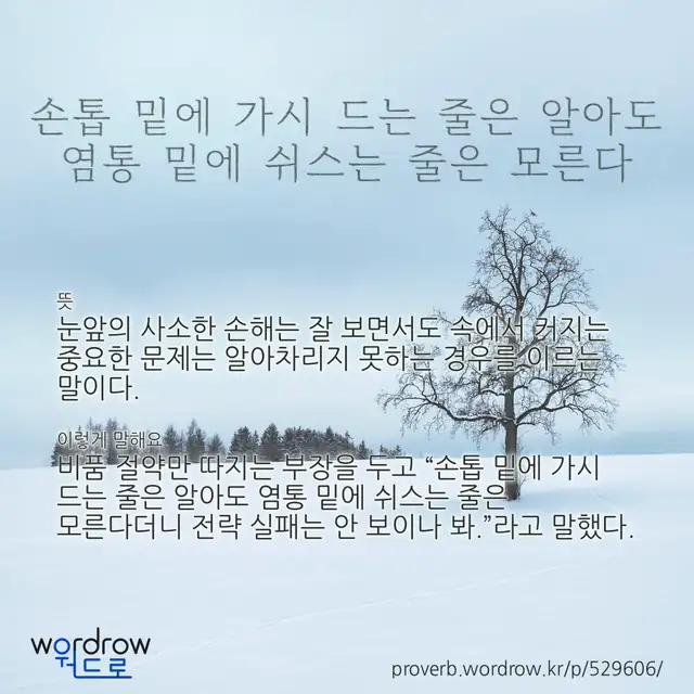 “손톱 밑에 가시 드는 줄은 알아도 염통 밑에 쉬스는 줄은 모른다” 글씨와 뜻·예문이 완성된 속담 영상 포스터
