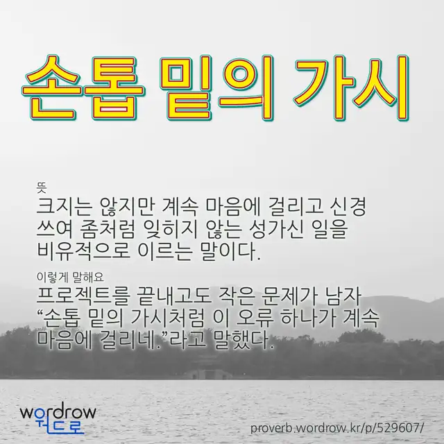 “손톱 밑의 가시” 글씨와 뜻·예문이 완성된 속담 영상 포스터