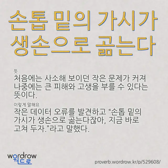 “손톱 밑의 가시가 생손으로 곪는다” 글씨와 뜻·예문이 완성된 속담 영상 포스터