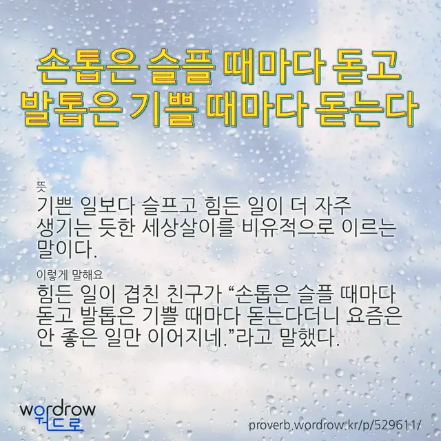 “손톱은 슬플 때마다 돋고 발톱은 기쁠 때마다 돋는다” 글씨와 뜻·예문이 완성된 속담 영상 포스터