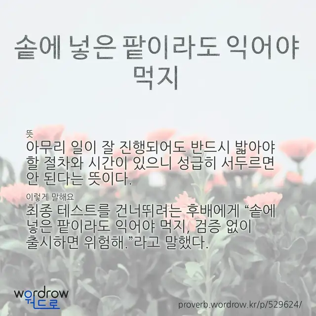 “솥에 넣은 팥이라도 익어야 먹지” 글씨와 뜻·예문이 완성된 속담 영상 포스터