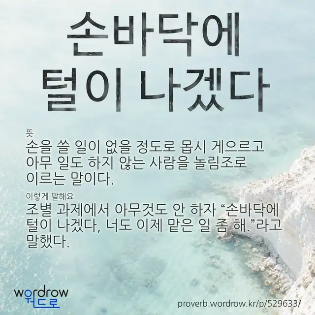 “손바닥에 털이 나겠다” 글씨와 뜻·예문이 완성된 속담 영상 포스터