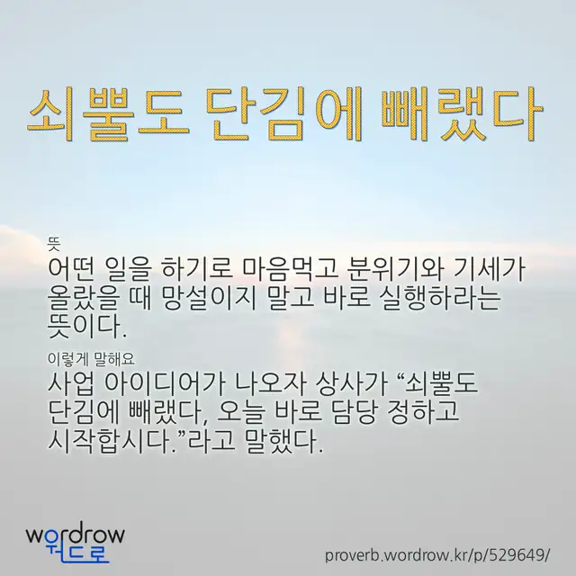 “쇠뿔도 단김에 빼랬다” 글씨와 뜻·예문이 완성된 속담 영상 포스터