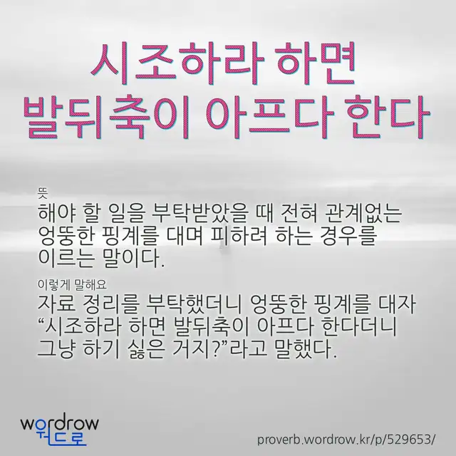 “시조하라 하면 발뒤축이 아프다 한다” 글씨와 뜻·예문이 완성된 속담 영상 포스터