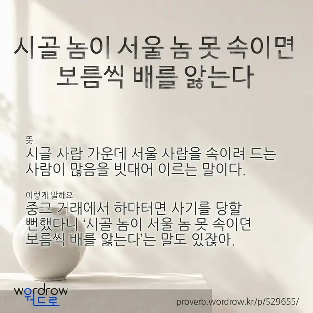 “시골 놈이 서울 놈 못 속이면 보름씩 배를 앓는다” 글씨와 뜻·예문이 완성된 속담 영상 포스터