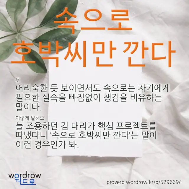 “속으로 호박씨만 깐다” 글씨와 뜻·예문이 완성된 속담 영상 포스터