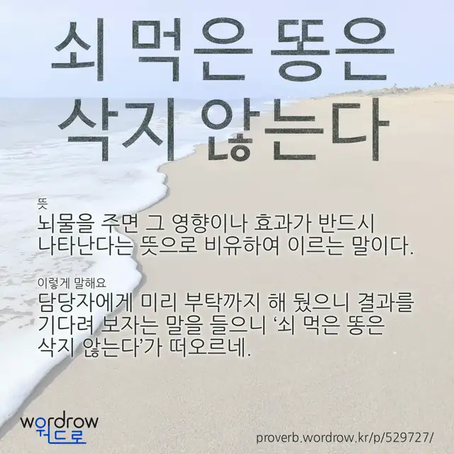 “쇠 먹은 똥은 삭지 않는다” 글씨와 뜻·예문이 완성된 속담 영상 포스터