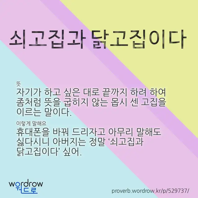 “쇠고집과 닭고집이다” 글씨와 뜻·예문이 완성된 속담 영상 포스터