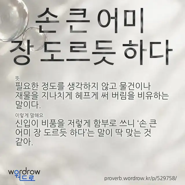 “손 큰 어미 장 도르듯 하다” 글씨와 뜻·예문이 완성된 속담 영상 포스터