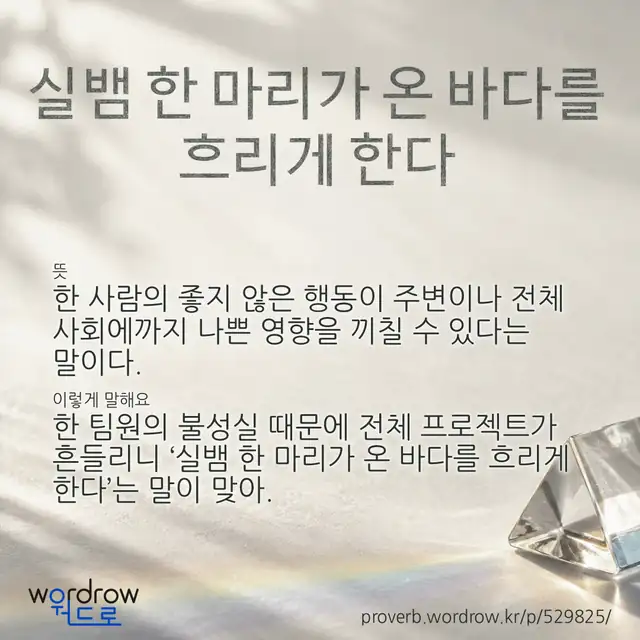 “실뱀 한 마리가 온 바다를 흐리게 한다” 글씨와 뜻·예문이 완성된 속담 영상 포스터