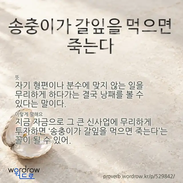 “송충이가 갈잎을 먹으면 죽는다” 글씨와 뜻·예문이 완성된 속담 영상 포스터