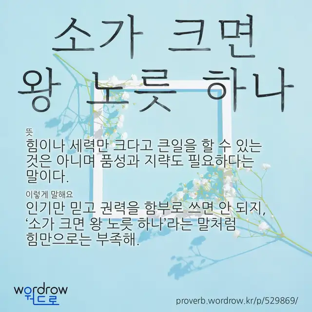 “소가 크면 왕 노릇 하나” 글씨와 뜻·예문이 완성된 속담 영상 포스터