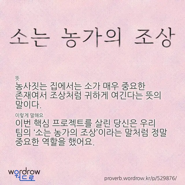 “소는 농가의 조상” 글씨와 뜻·예문이 완성된 속담 영상 포스터