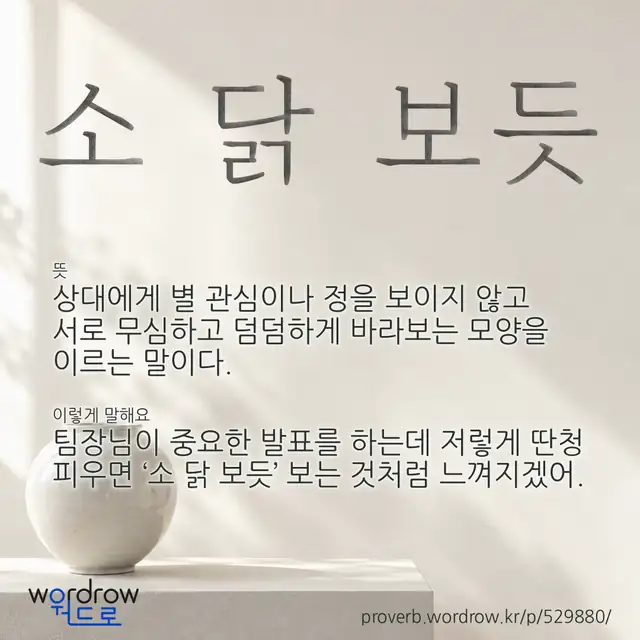 “소 닭 보듯” 글씨와 뜻·예문이 완성된 속담 영상 포스터