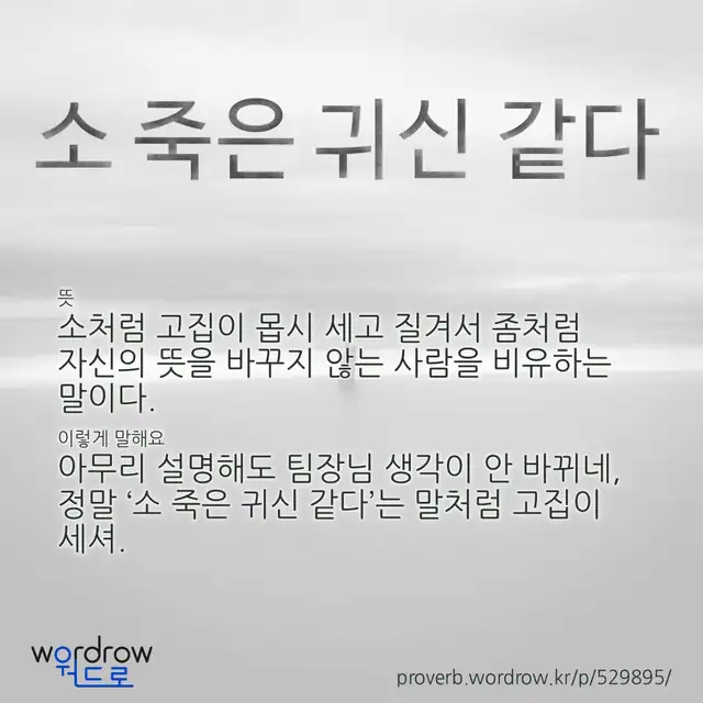 “소 죽은 귀신 같다” 글씨와 뜻·예문이 완성된 속담 영상 포스터