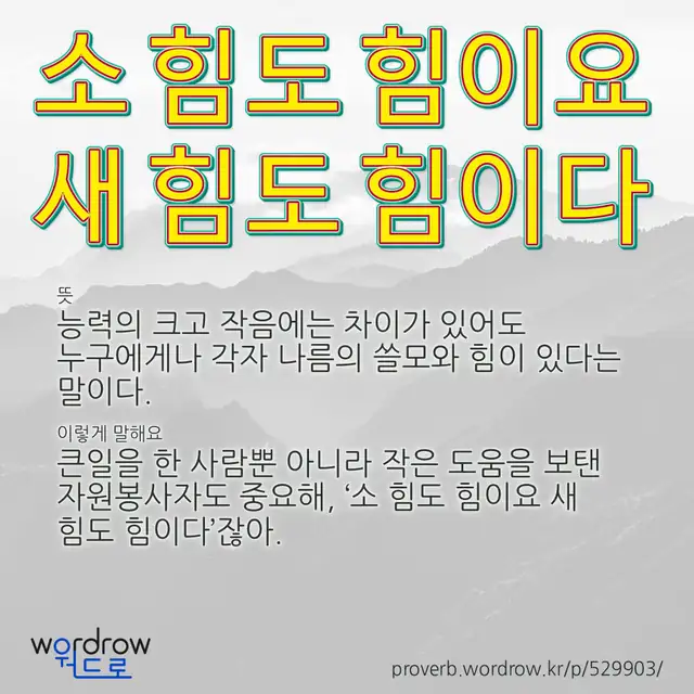 “소 힘도 힘이요 새 힘도 힘이다” 글씨와 뜻·예문이 완성된 속담 영상 포스터