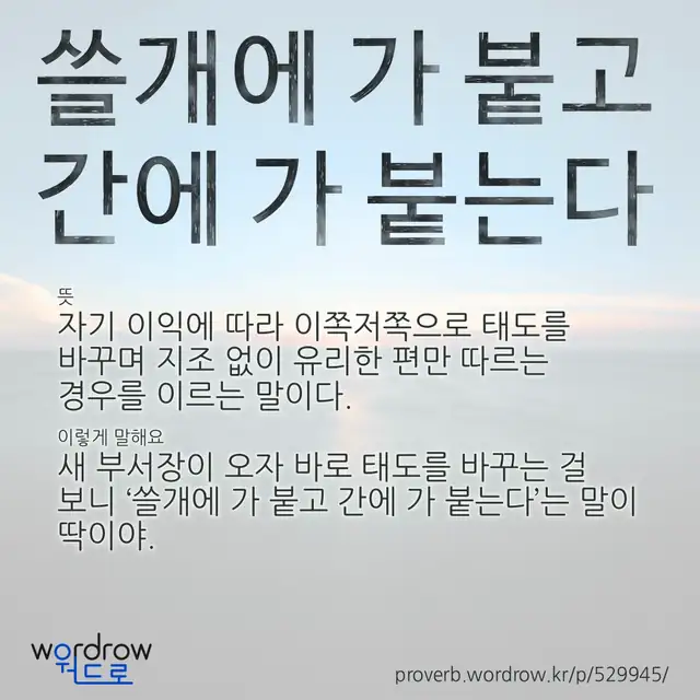 “쓸개에 가 붙고 간에 가 붙는다” 글씨와 뜻·예문이 완성된 속담 영상 포스터