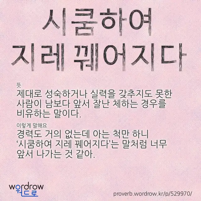 “시쿰하여 지레 꿰어지다” 글씨와 뜻·예문이 완성된 속담 영상 포스터