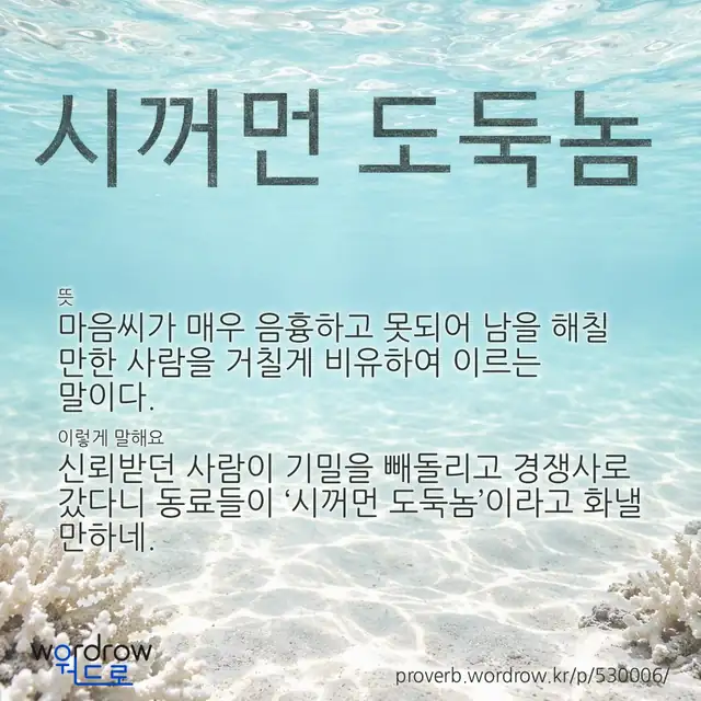 “시꺼먼 도둑놈” 글씨와 뜻·예문이 완성된 속담 영상 포스터
