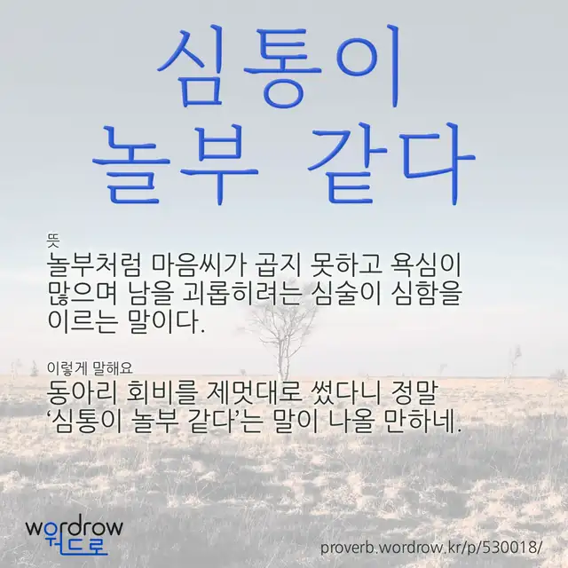 “심통이 놀부 같다” 글씨와 뜻·예문이 완성된 속담 영상 포스터