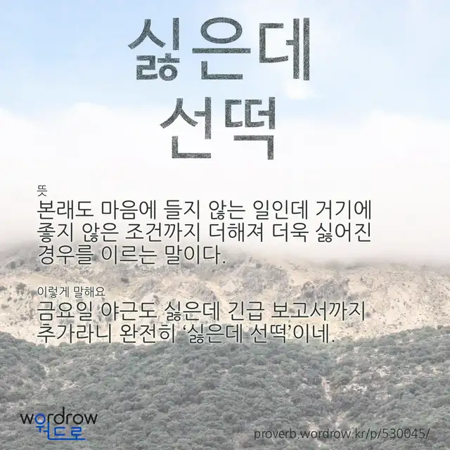 “싫은데 선떡” 글씨와 뜻·예문이 완성된 속담 영상 포스터
