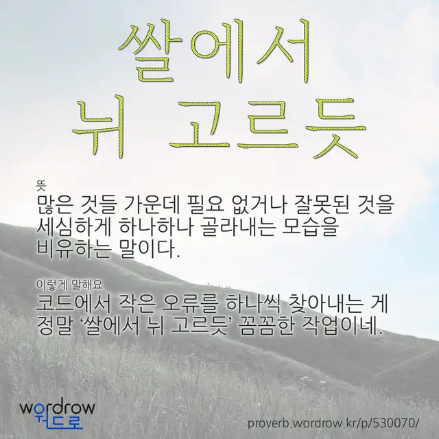 “쌀에서 뉘 고르듯” 글씨와 뜻·예문이 완성된 속담 영상 포스터