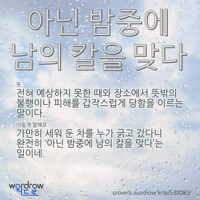 “아닌 밤중에 남의 칼을 맞다” 글씨와 뜻·예문이 완성된 속담 영상 포스터