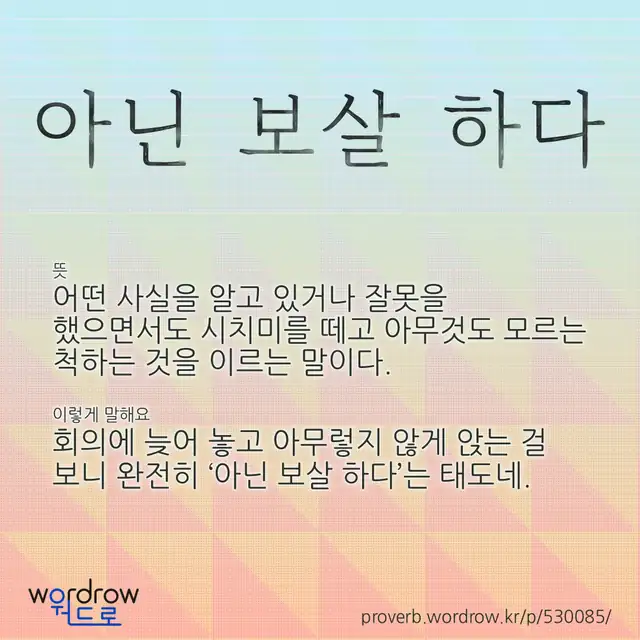 “아닌 보살 하다” 글씨와 뜻·예문이 완성된 속담 영상 포스터