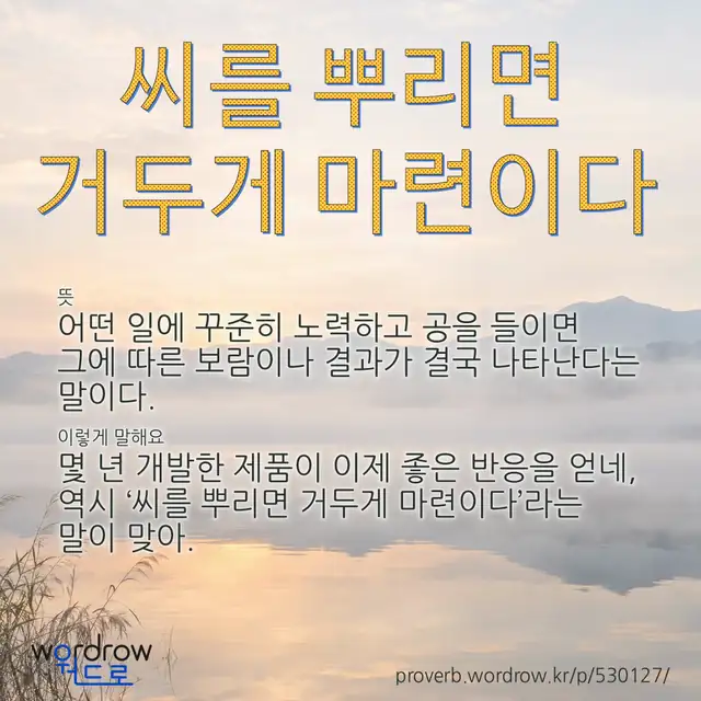 “씨를 뿌리면 거두게 마련이다” 글씨와 뜻·예문이 완성된 속담 영상 포스터