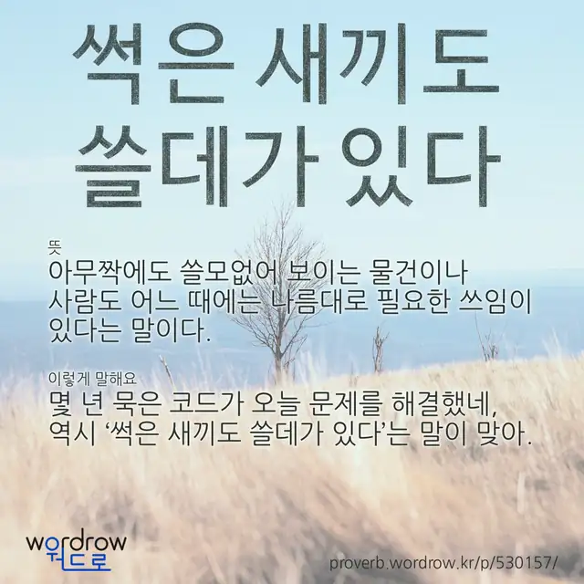 “썩은 새끼도 쓸데가 있다” 글씨와 뜻·예문이 완성된 속담 영상 포스터
