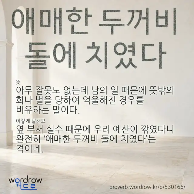 “애매한 두꺼비 돌에 치였다” 글씨와 뜻·예문이 완성된 속담 영상 포스터