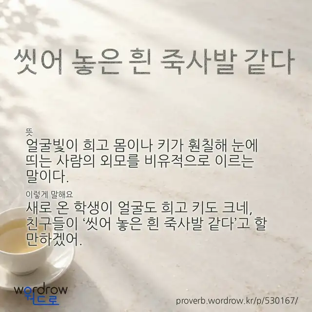 “씻어 놓은 흰 죽사발 같다” 글씨와 뜻·예문이 완성된 속담 영상 포스터