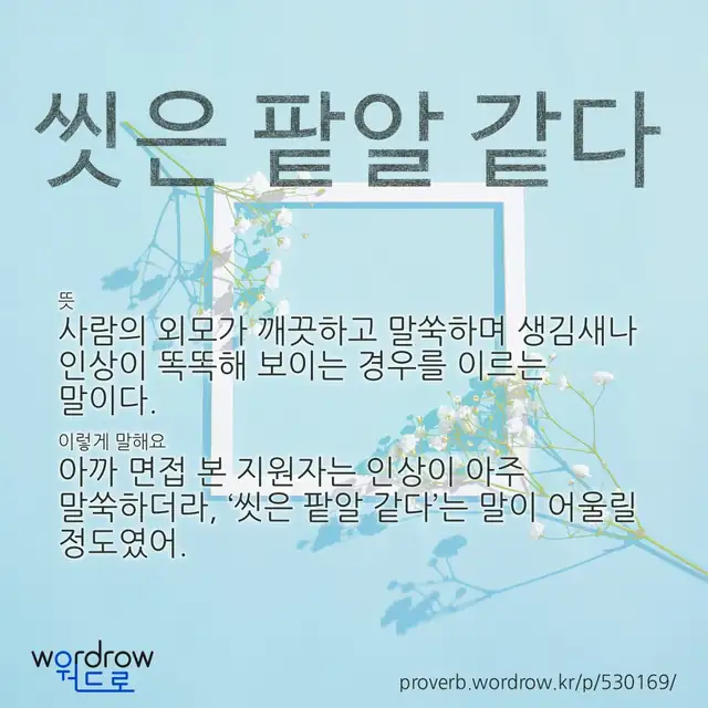 “씻은 팥알 같다” 글씨와 뜻·예문이 완성된 속담 영상 포스터