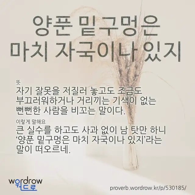 “양푼 밑구멍은 마치 자국이나 있지” 글씨와 뜻·예문이 완성된 속담 영상 포스터
