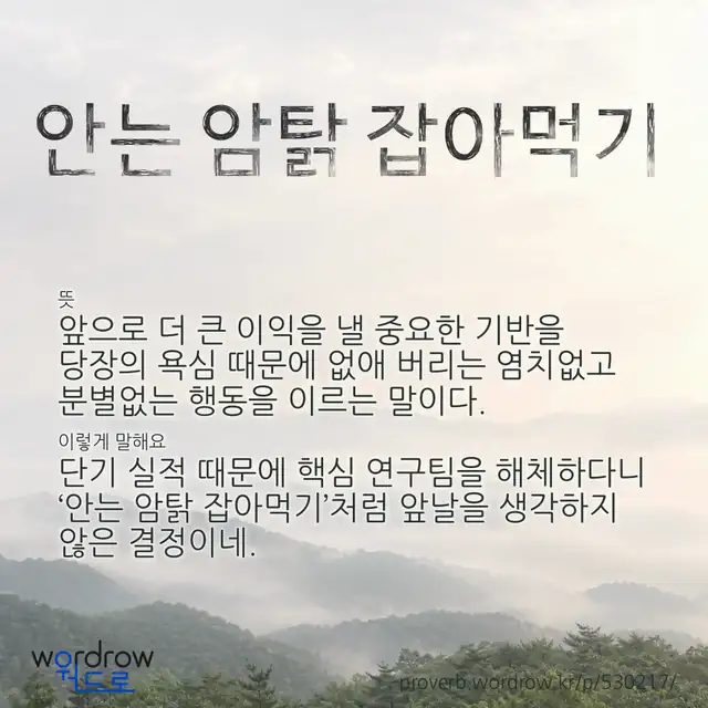 “안는 암탉 잡아먹기” 글씨와 뜻·예문이 완성된 속담 영상 포스터
