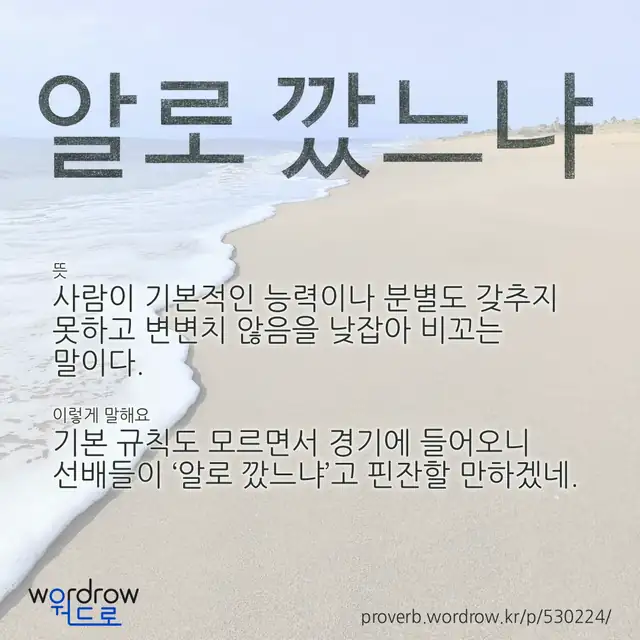 “알로 깠느냐” 글씨와 뜻·예문이 완성된 속담 영상 포스터