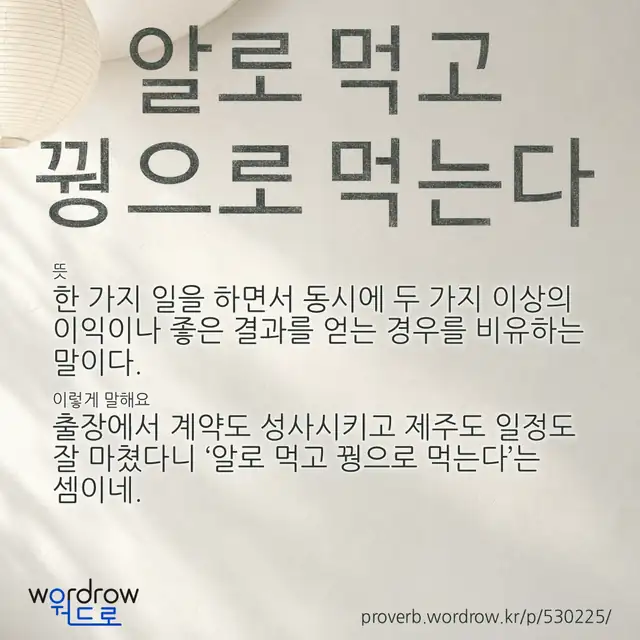 “알로 먹고 꿩으로 먹는다” 글씨와 뜻·예문이 완성된 속담 영상 포스터